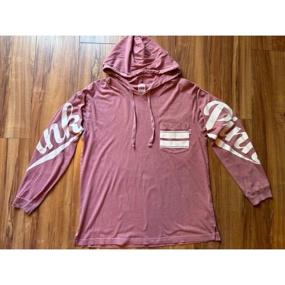 Victoria's Secret PINK Campus Logo Hoodie Tee T Shirt Pocket‎ Oversized MED EUC - Picture 8 of 12
